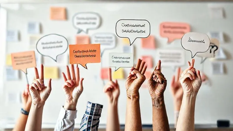 A photorealistic image of a diverse group of people's hands holding up different speech bubbles with various thoughts and questions, forming a collage of customer feedback. The background is a clean, modern whiteboard with blurred sticky notes. Cinematic lighting, sharp focus on the hands and speech bubbles, depth of field. 8K hyper-detailed, professional photography.