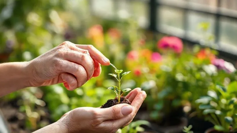 A photorealistic image of a person's hand holding a small, delicate plant seedling, while the other hand gently waters it. The background shows a blurred, thriving garden with various plants, symbolizing growth and nurturing a business idea. Soft, natural light, sharp focus on the hands and seedling, depth of field. 8K hyper-detailed, professional photography, conveying care and potential.