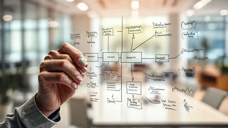 A photorealistic image of a person's hand drawing a complex flowchart on a clear glass board with dry-erase markers, showing interconnected steps and decision points for business validation. The background is a modern, brightly lit office. Sharp focus on the flowchart, depth of field blurring the office. 8K hyper-detailed, professional photography.