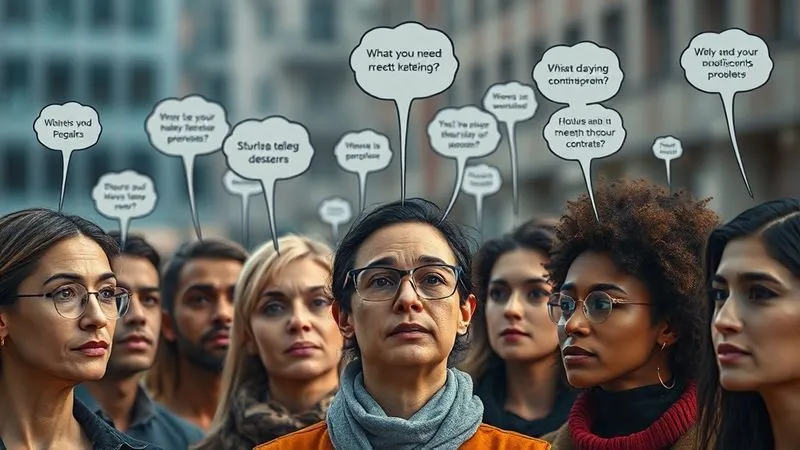 A photorealistic image of a diverse group of people from different age groups and backgrounds, each with a thought bubble above their head displaying various problems and desires. They are subtly connected by lines, representing shared needs and challenges. Cinematic lighting, sharp focus on the individuals, depth of field blurring a generic urban background, 8K hyper-detailed, professional photography, shot on a high-end DSLR. The mood is thoughtful and interconnected.