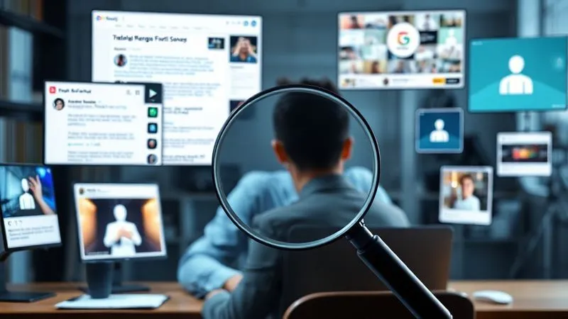 A photorealistic image of a person at a desk, surrounded by floating digital screens displaying various forms of content: a blog post, a social media feed with comments, a video thumbnail, and a podcast icon. A magnifying glass hovers over one screen, highlighting engagement metrics like likes and shares. Cinematic lighting, sharp focus on the person and screens, depth of field blurring the background, 8K hyper-detailed, professional photography, shot on a high-end DSLR. The mood is analytical and insightful.