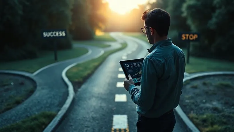 A photorealistic image of a person standing at a crossroads, with three distinct paths ahead. One path is bright and clear, labeled 'Success'. Another is winding and uncertain, labeled 'Pivot'. The third is dark and leads to a dead end, labeled 'Stop'. The person holds a tablet displaying various data points and charts, looking thoughtfully at the paths. Cinematic lighting, sharp focus on the person and tablet, depth of field blurring the background, 8K hyper-detailed, professional photography, shot on a high-end DSLR. The mood is contemplative and decisive.