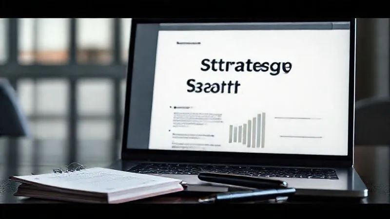 A photorealistic image of a laptop screen displaying a well-designed business strategy report, with a pen and notepad beside it, cinematic lighting, sharp focus, 8K.