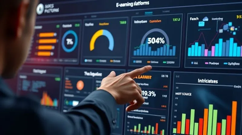 A photorealistic, professional photography, 8K, cinematic lighting, sharp focus, depth of field, shot on a high-end DSLR of a person pointing at a complex digital dashboard showing various e-learning platforms with different metrics like reach, fees, and customization options, illustrating the strategic choice of platform.