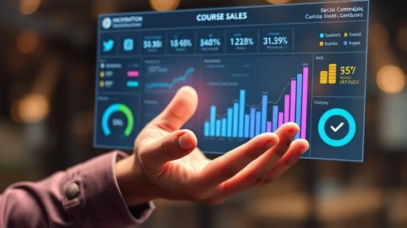 A photorealistic, professional photography, 8K, cinematic lighting, sharp focus, depth of field, shot on a high-end DSLR of a person's hand interacting with a holographic interface displaying an integrated digital marketing dashboard, showing metrics for SEO, social media, email campaigns, and paid ads, all funneling towards a 'course sales' metric.