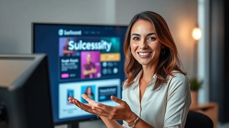 A photorealistic, professional photography, 8K, cinematic lighting, sharp focus, depth of field, shot on a high-end DSLR of a smiling woman (representing Ana) confidently presenting on a screen, with a vibrant, clean graphic design project visible, symbolizing the success of her online course and the impact of her strategies.