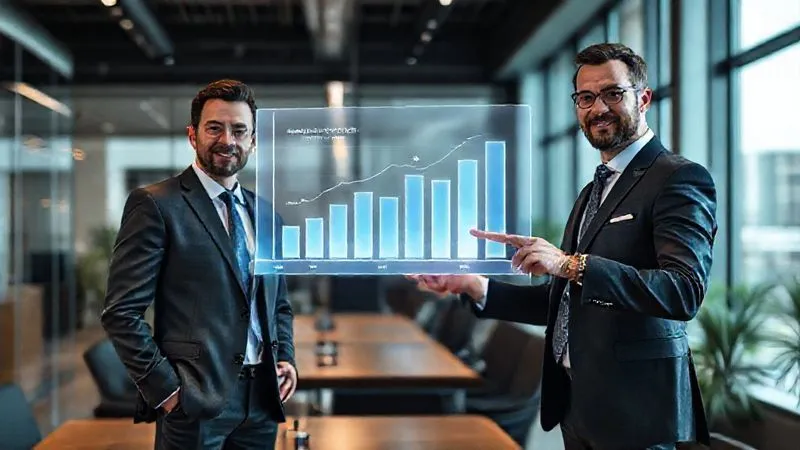 A photorealistic image of three business professionals in a modern office, one pointing at a sleek, holographic bar chart showing a significant increase in brand value and customer engagement, representing a strong ROI. The atmosphere is confident and successful, with cinematic lighting and sharp focus on the chart, 8K hyper-detailed.