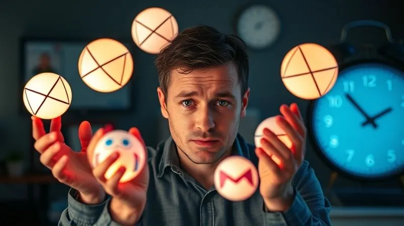 A photorealistic image of a stressed freelancer juggling multiple glowing digital balls representing emails, invoices, social media posts, and client calls, with a clock ticking rapidly in the background. Cinematic lighting, sharp focus on the freelancer's tired expression, depth of field blurring the background elements, 8K hyper-detailed, shot on a high-end DSLR.