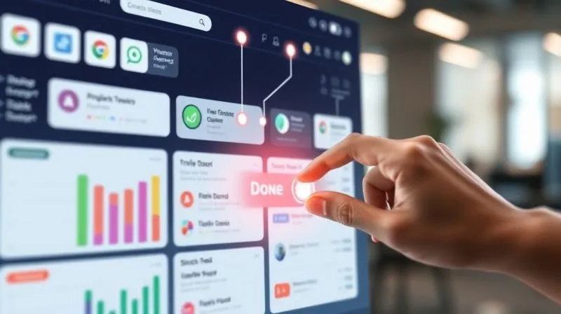 A photorealistic image of a digital dashboard showing various project management tools (like Trello boards, Asana tasks, Slack notifications) interconnected by glowing lines, symbolizing seamless automation. A hand hovers over a 'done' button. Cinematic lighting, sharp focus on the dashboard, depth of field blurring a modern office background, 8K hyper-detailed, shot on a high-end DSLR.