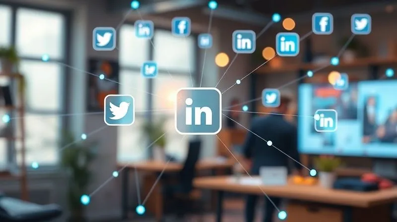 A photorealistic image of a vibrant, interconnected digital network with social media icons (Twitter, LinkedIn, Facebook) and a blog icon, all flowing seamlessly from a central content hub. The image conveys effortless content distribution and engagement. Cinematic lighting, sharp focus on the digital network, depth of field blurring a creative workspace, 8K hyper-detailed, shot on a high-end DSLR.