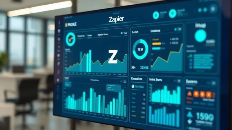 A photorealistic image of a digital dashboard displaying financial metrics, invoices, and expense reports, all seamlessly connected and updating in real-time, with a stylized 'Z' (for Zapier) subtly integrated into the data flow. The scene is clean, modern, and conveys efficiency. Cinematic lighting, sharp focus on the dashboard, depth of field blurring a modern office background, 8K hyper-detailed, shot on a high-end DSLR.