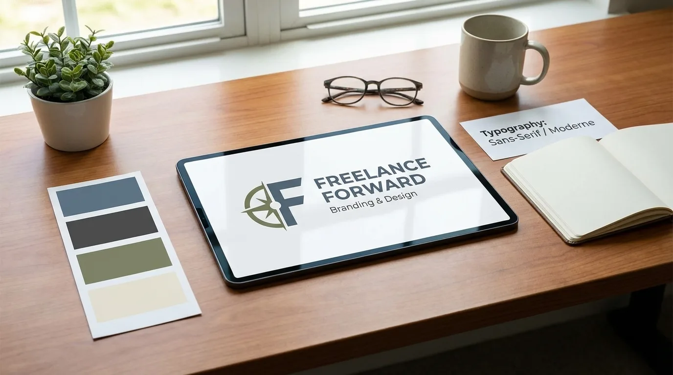 Conceito de branding para freelancer: logo, paleta de cores e tipografia que transmitem profissionalismo e confiança.