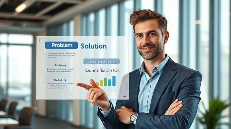 A photorealistic image of a consultant pointing at a clear, concise infographic displaying 'Problem', 'Solution', and 'Quantifiable ROI' in a professional, modern setting. The consultant is confident and articulate. Cinematic lighting, sharp focus, 8K hyper-detailed.