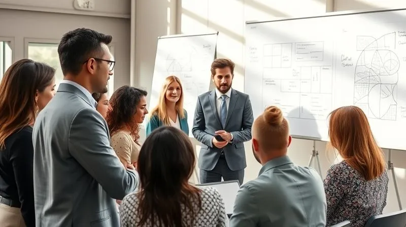 A photorealistic image of a diverse group of professionals in a modern, sunlit workshop setting, actively engaging with a mentor who is facilitating a strategic discussion. Whiteboards with complex diagrams are visible in the background. Cinematic lighting, sharp focus on the interaction, 8K hyper-detailed.