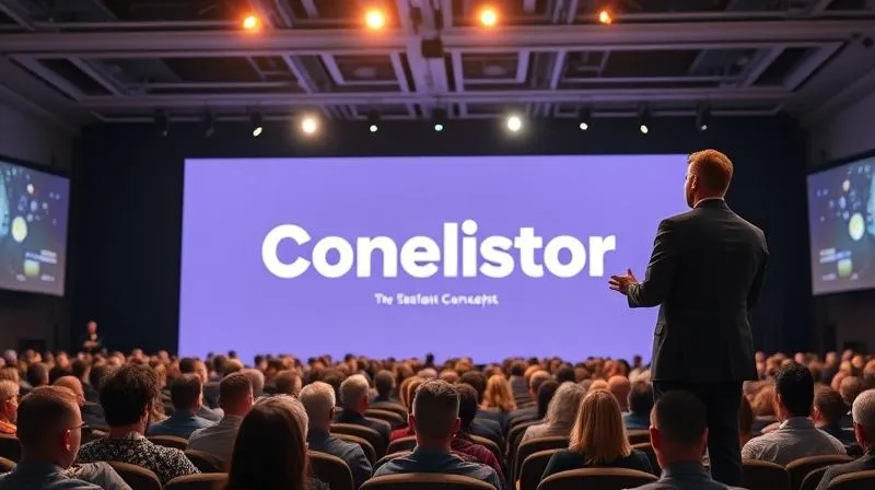A photorealistic image of a consultant confidently delivering a keynote speech on a stage, with a large, engaged audience. The stage has a professional backdrop featuring the consultant's name or a strategic concept. Cinematic lighting, sharp focus, 8K hyper-detailed.