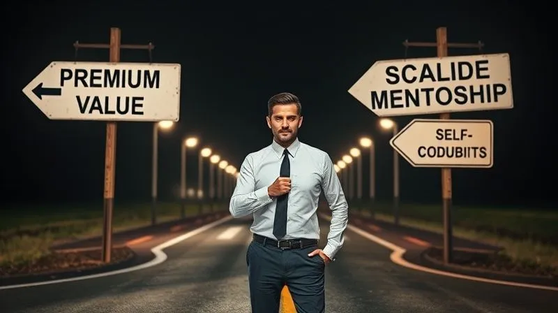 A photorealistic image of a consultant looking determined, standing at a crossroads with signs pointing to 'Premium Value' and 'Scalable Mentorship', overcoming symbolic obstacles like 'Self-Doubt' and 'Time Constraints'. Cinematic lighting, sharp focus, 8K hyper-detailed.