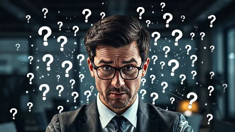 A professional consultant looking distressed and confused, surrounded by a chaotic overlay of unorganized data points and question marks, symbolizing the struggle with client churn without analytics. The background is a dimly lit office. photorealistic, professional photography, 8K, cinematic lighting, sharp focus, depth of field, shot on a high-end DSLR.