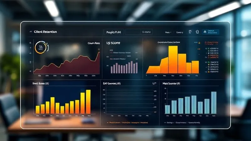 A photorealistic, sleek, and modern holographic dashboard displaying key performance indicators (KPIs) for client retention, including churn rate trends, LTV, and NPS scores, with clear, intuitive graphs and charts. The data is vibrant and easy to interpret, set against a blurred background of a professional office. professional photography, 8K, cinematic lighting, sharp focus, depth of field, shot on a high-end DSLR.