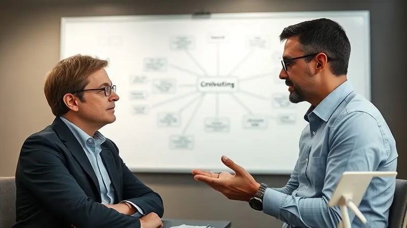 A photorealistic image of a consultant conducting a focused interview with a client, both engaged in discussion, with a mind map or whiteboard in the background showing interconnected ideas. Cinematic lighting, sharp focus on their interaction, 8K hyper-detailed.