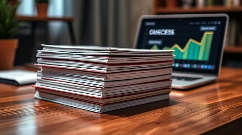 A photorealistic image of a stack of neatly organized, professionally bound case studies and client testimonials on a polished wooden desk, with a laptop displaying a success graph in the background, cinematic lighting, sharp focus on the documents, depth of field, 8K hyper-detailed, shot on a high-end DSLR. The scene evokes professionalism and proven results.