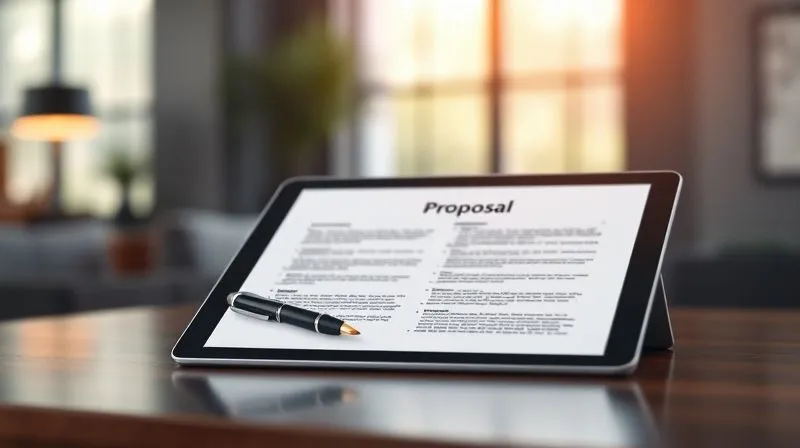 A photorealistic image of an elegant, minimalist business proposal document open on a sleek tablet, with a pen resting beside it. The background is a blurred, modern office space with soft, natural light, conveying professionalism and clarity. Sharp focus on the proposal document, depth of field, 8K hyper-detailed, shot on a high-end DSLR. The scene evokes a sense of thoughtful, high-value communication.