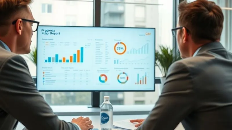 A photorealistic image of a professional consultant presenting a detailed progress report to a client in a bright, modern meeting room. The report on the screen shows clear graphs and key performance indicators. Both individuals are engaged and focused, conveying a sense of collaboration and achievement. Cinematic lighting, sharp focus on the report and faces, depth of field, 8K hyper-detailed, shot on a high-end DSLR.