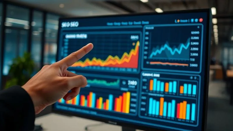 A photorealistic image of a sophisticated data dashboard on a large monitor, displaying key SEO performance indicators like organic traffic growth, conversion rates, and ROI in vibrant, clear graphs. A hand points to a positive trendline, conveying success and measurable impact. Cinematic lighting, sharp focus on the screen, depth of field blurring a modern office background, 8K hyper-detailed, shot on a high-end DSLR. The scene evokes data-driven results and professional insight.