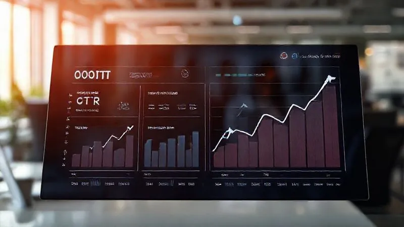 A photorealistic image of a sleek, modern digital dashboard displaying various marketing metrics: CTR, conversion rate, bounce rate, and lead generation, all with clear upward trend arrows. Cinematic lighting, sharp focus on the data, depth of field blurring a background of a busy office. 8K hyper-detailed, shot on a high-end DSLR.