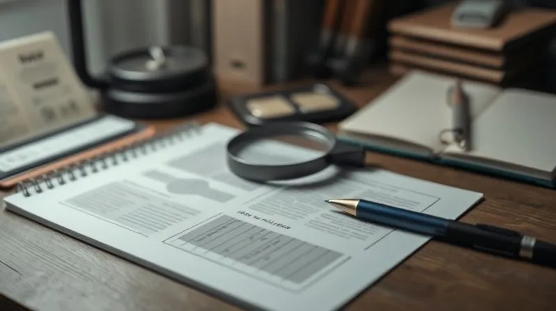 A photorealistic image of a detective's desk with a magnifying glass, a notebook, and a pen, focused on a printed sales page layout. Cinematic lighting, sharp focus on the details of the page, 8K, professional photography, depth of field.