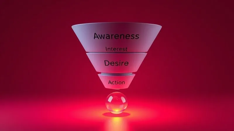 A photorealistic 3D rendering of a sales funnel with distinct, labeled sections (Awareness, Interest, Desire, Action) clearly visible, guiding a small, glowing sphere downwards. Cinematic lighting, sharp focus on the funnel structure, vibrant colors, 8K, professional photography.