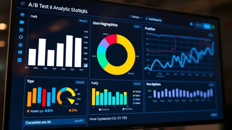 A photorealistic image of a vibrant digital dashboard displaying various analytics charts: a bar chart showing A/B test results, a pie chart of user demographics, and a line graph of conversion rates over time. The screen is sharp and detailed, with cinematic lighting reflecting on its surface, 8K, professional photography.