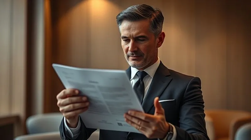 A photorealistic image of a discerning, elegantly dressed executive reviewing a bespoke proposal in a minimalist, high-end office. The executive's face shows deep thought and a hint of satisfaction. Cinematic lighting, sharp focus on the executive's hands and the document, depth of field blurring a subtle luxury background, 8K hyper-detailed, professional photography, shot on a high-end DSLR.