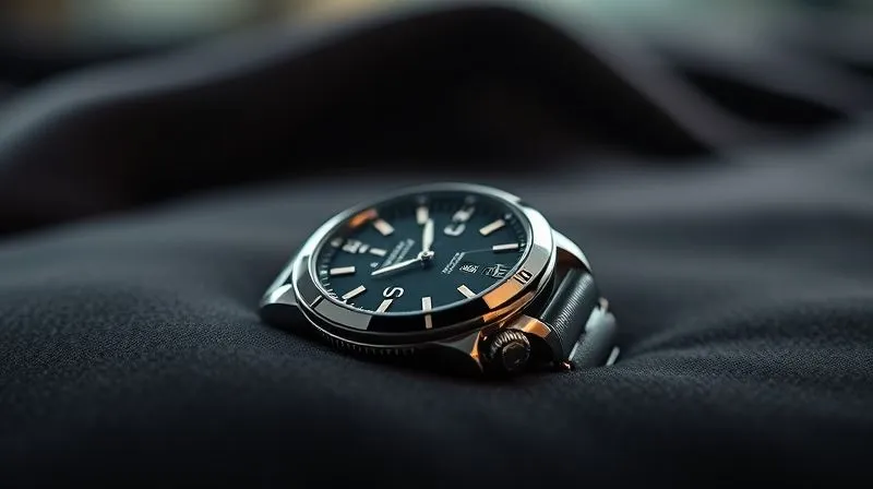 A photorealistic image of a single, exquisitely crafted luxury watch lying on a dark, polished surface, surrounded by velvet. The watch emanates an aura of rarity and precision. Cinematic lighting highlights its intricate details, with a subtle, elegant glow. Sharp focus on the watch, depth of field blurring a background of soft, luxurious textures, 8K hyper-detailed, professional photography, shot on a high-end DSLR.