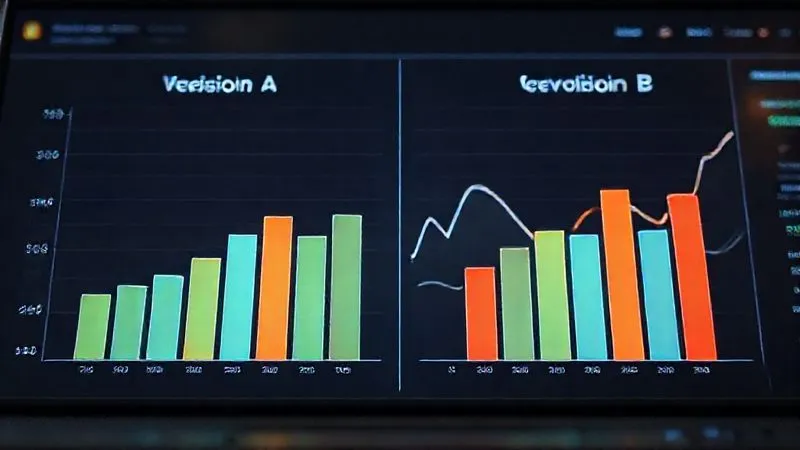 A photorealistic image of two distinct bar charts side-by-side, labeled 'Version A' and 'Version B', clearly showing 'Version B' with a significantly higher conversion rate. The charts are displayed on a modern analytics dashboard, with data points glowing subtly. Cinematic lighting, sharp focus on the charts, 8K, depth of field, professional setting.