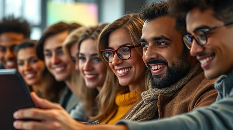 A photorealistic image of a diverse group of people, eyes glued to a screen, showing genuine emotional reactions like smiles, nods, and thoughtful expressions. Cinematic lighting highlights their faces, sharp focus on their engagement, depth of field blurring the background, 8K hyper-detailed, shot on a high-end DSLR.