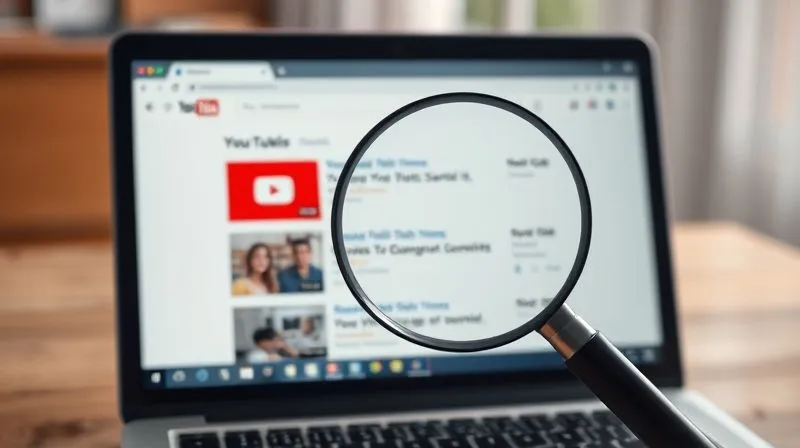 A photorealistic image of a laptop screen displaying YouTube search results for a video, with a magnifying glass hovering over the title and description, highlighting keywords. Cinematic lighting, sharp focus on the screen, depth of field blurring the background, 8K hyper-detailed, shot on a high-end DSLR.