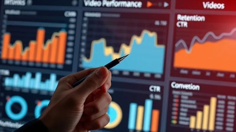 A photorealistic image of a data dashboard with various charts and graphs showing video performance metrics (retention, CTR, conversion rates). A hand holds a stylus, pointing to a specific data point for analysis. Cinematic lighting, sharp focus on the dashboard, depth of field blurring the background, 8K hyper-detailed, shot on a high-end DSLR.