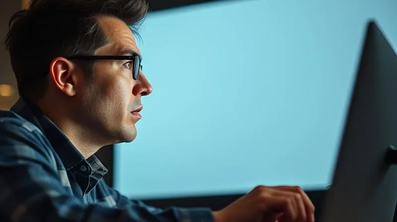 A photorealistic image of a copywriter looking frustrated at a blank screen, then a sudden "aha!" moment striking as they look up, inspired. Their face brightens with an idea. Cinematic lighting, sharp focus on the copywriter's expression, depth of field blurring the background, 8K hyper-detailed, shot on a high-end DSLR.