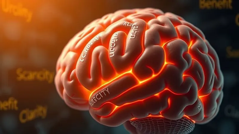 A photorealistic close-up of a brain with subtle glowing pathways highlighting decision-making areas, surrounded by floating words like 'Urgency', 'Scarcity', 'Benefit', and 'Clarity'. Cinematic lighting, sharp focus on the brain, depth of field. Professional photography, 8K, shot on a high-end DSLR.