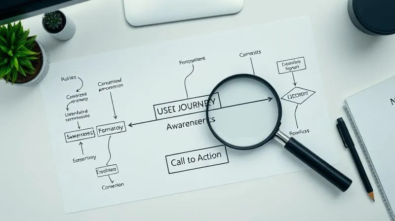 A photorealistic, professional overhead shot of a clean, minimalist desk with a meticulously drawn flowchart representing a user's journey, starting from awareness to conversion, with a magnifying glass hovering over a 'Call to Action' box. Cinematic lighting, sharp focus on the flowchart, depth of field blurring the background. 8K, shot on a high-end DSLR.