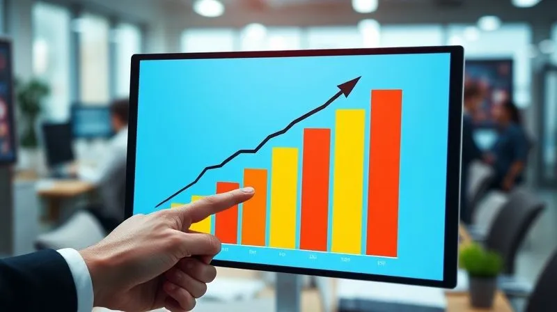 A photorealistic image of a vibrant, growing bar chart on a digital screen, showing a significant increase in conversion rates, with a copywriter's hand pointing to the upward trend. The background is a blurred, dynamic office environment, conveying success and progress. Cinematic lighting, sharp focus on the chart, depth of field. 8K, shot on a high-end DSLR.