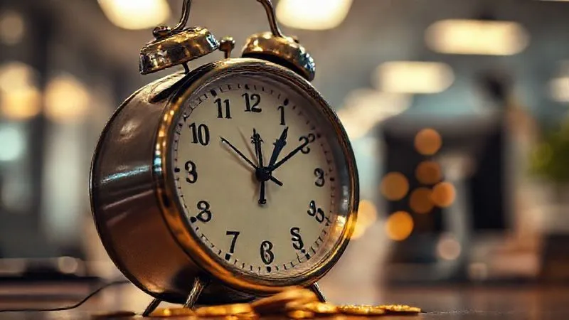 A photorealistic image of a vintage clock face with hands rapidly approaching midnight, surrounded by a subtle, fading light, with a few golden coins or abstract glowing elements slowly disappearing. The background is a soft blur of a modern office, suggesting missed opportunity. Professional photography, 8K, cinematic lighting, sharp focus on the clock, depth of field.