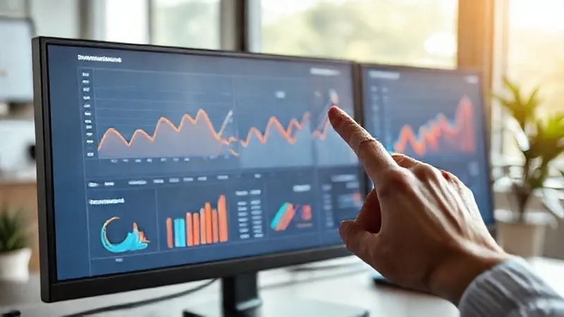 A photorealistic image of a sleek, modern analytics dashboard displaying various graphs and charts (e.g., conversion rates, CTR, bounce rate) with a prominent upward trend line, indicating successful optimization. A hand points to a specific data point on a graph. The setup includes dual monitors in a professional, minimalist office environment, bathed in soft, natural light. 8K, cinematic lighting, sharp focus on the dashboard, subtle depth of field.