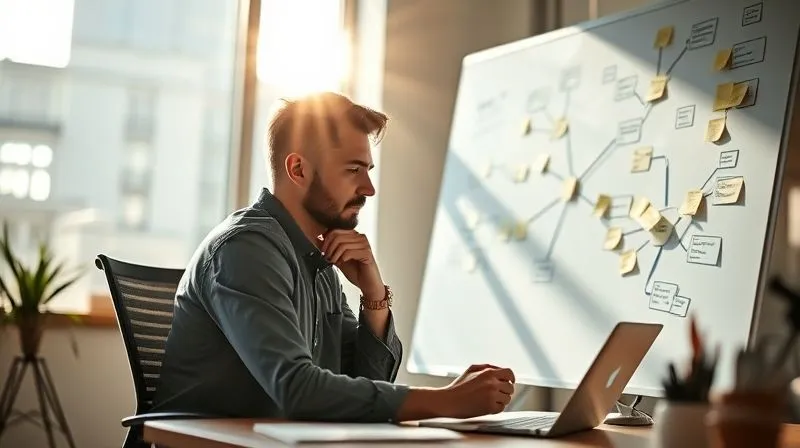 A photorealistic image of a professional male designer, mid-30s, sitting at a modern desk, intensely focused on a whiteboard filled with mind maps and sticky notes, representing strategic thinking and self-analysis. Sunlight streams through a large window, creating a thoughtful, introspective atmosphere. Sharp focus on the designer and whiteboard, depth of field blurring the background, 8K hyper-detailed, cinematic lighting, shot on a high-end DSLR.