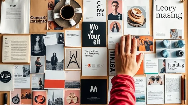 A photorealistic image of a meticulously organized mood board for a branding project. It features various textures, color swatches, typography samples, and inspiring imagery, all harmoniously arranged. The board is lit by soft, diffused light, highlighting the details and the cohesive aesthetic. Sharp focus on the mood board elements, depth of field blurring a designer's hand subtly in the background, 8K hyper-detailed, cinematic lighting, shot on a high-end DSLR.