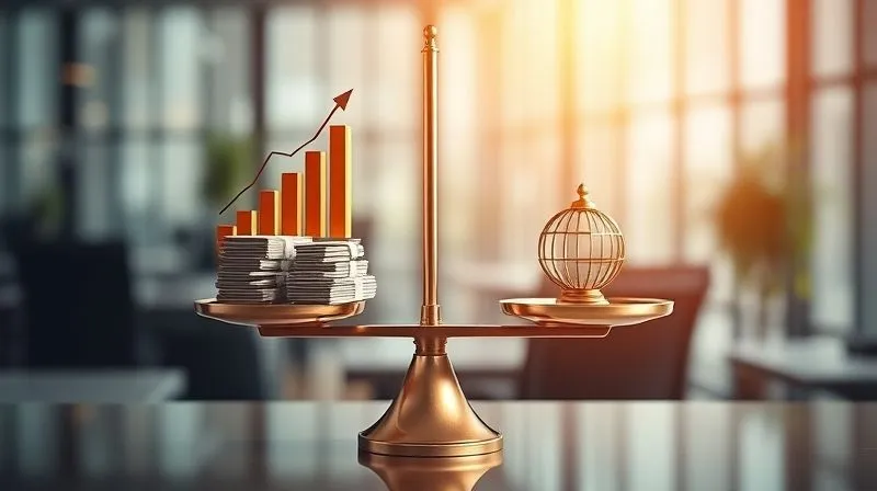 A photorealistic image depicting a balanced scale. On one side, there are stacks of money and a growing sales chart, symbolizing value and ROI. On the other side, there's a single, elegant design concept, representing the strategic design service. The scale is perfectly balanced, illustrating value-based pricing. Cinematic lighting, sharp focus on the scale and its elements, depth of field blurring a modern office background, 8K hyper-detailed, shot on a high-end DSLR.