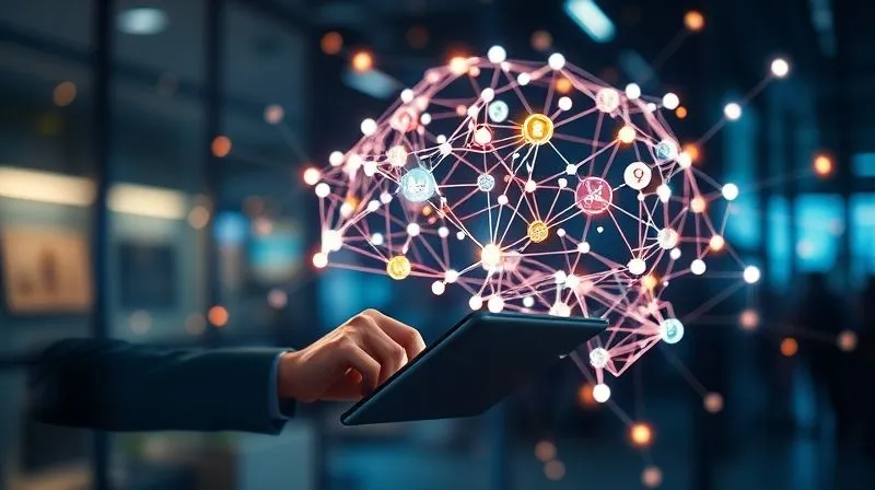 A photorealistic image of a vibrant, interconnected network of glowing lines and nodes, subtly forming the shape of a brain or a complex web, symbolizing strategic networking and online presence. In the foreground, a professional designer is seen interacting with a tablet, with various social media icons subtly integrated into the network. Cinematic lighting, sharp focus on the network and tablet, depth of field blurring a modern, abstract background, 8K hyper-detailed, shot on a high-end DSLR.