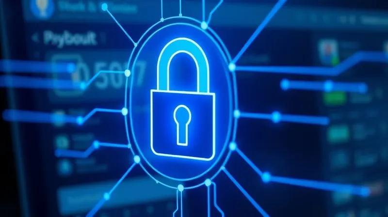 A photorealistic image of a secure online payment interface with a prominent padlock icon, glowing blue security lines flowing around it, representing robust digital protection. The background shows a blurred e-commerce checkout page. Cinematic lighting, sharp focus on the padlock, depth of field, 8K hyper-detailed, shot on a high-end DSLR.