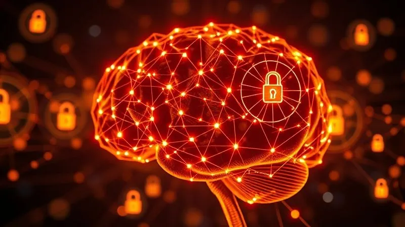 A photorealistic image of a stylized brain made of glowing data points and interconnected lines, representing AI fraud detection. Various digital security icons (padlocks, shields) are subtly integrated into the network. Cinematic lighting, sharp focus, 8K hyper-detailed, shot on a high-end DSLR.