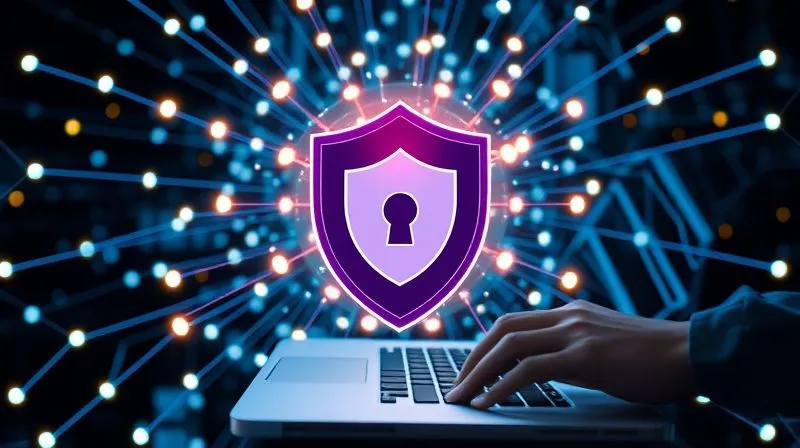 A photorealistic image of a digital shield icon prominently displayed at the center of a complex network of glowing data points and secure connections, symbolizing robust cybersecurity infrastructure. In the background, a freelancer's hand is subtly interacting with a laptop, indicating proactive protection. Cinematic lighting, sharp focus on the shield, depth of field, 8K hyper-detailed, shot on a high-end DSLR.